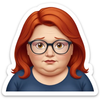 obese; older 50's ; long red hair ; women hazel eyes; glasses sticker