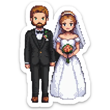 pixel art bride and groom, retro game style sticker