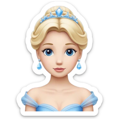 Cinematic Elegant Cinderella Portrait Emoji, rendered in a flat, vector-style with minimal shading and bold, simplified shapes. Depict Cinderella in her classic ball gown (chest and above) with fair, porcelain skin and elegantly styled blonde hair, her eyes soft and kind, and her expression serene and graceful. The design glows with a gentle, enchanting radiance and high shine, capturing the timeless beauty of a fairy tale princess. sticker