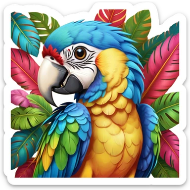 Cinematic Cute Macaw Portrait Emoji, Head tilted playfully and inquisitively, with a dazzling array of colorful plumage and round, sparkling eyes filled with charm, Simplified yet irresistibly adorable features, highly detailed, glowing with a warm, friendly tropical glow, high shine, affectionate and lively, stylized with a touch of whimsical vibrancy, bright and endearing, soft glowing outline, capturing the essence of a mischievous yet loving parrot that seems as if it could flutter out of the screen into your arms! sticker