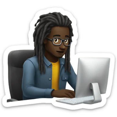 Web developer sitting in front of a computer a 20 year old dark skinned man with medium length dreadlocks coding  sticker