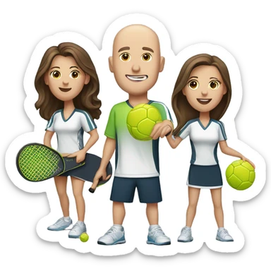 4 Caucasian people playing pickleball with 1 tall bald male, 1 shorter brown hair male, 1 girl with long brown hair, 1 girl  with brown hair sticker