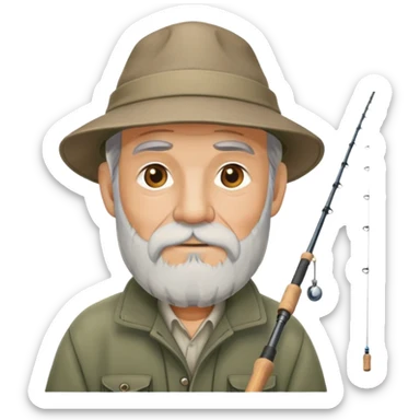 old fisherman with gray beard, fishing rod and hat sticker