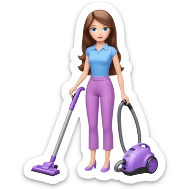 beautiful barbie girl with long brown hair, blue eyes and wearing light purple clothes, cleaning and vacuuming sticker