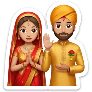 Two hands in a engagement..One hand of groom and one hand of bride. Bride dress - red/yellow saree. groom- light orange punjabi (oonly hands will be visible in the image) sticker