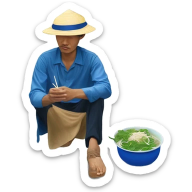 filipno man wearing vietnamse leaf hat sitting on the ground outside on the street in Vietnam eating a bowl of pho - the bowl itself is on a blue plastic stool sticker