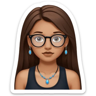 White girl with long brown hair, part going more to the RIGHT side, BLUE eyes, wearing BLACK plastic frame glasses. SEPTUM nose piercing hoop (at bottom of nose) AND stud nose piercing on right side of nose. Wearing BLACK tank top. No other jewelry sticker