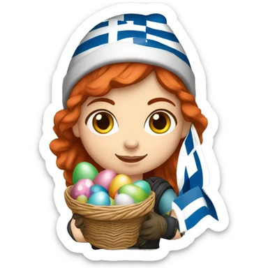 Greek Female winter mountaineer red hair white skin climbing with Greek Flag and Easter eggs basket sticker