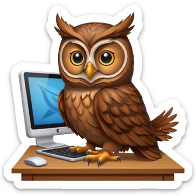 an owl working on computer in an appartement with  timber sticker