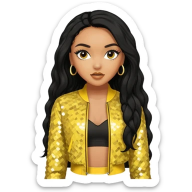 Leigh-Anne Pinnock from Little Mix with long black hair, yellow sequin outfit sticker