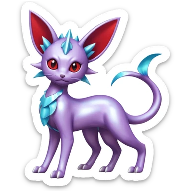 Mechanical Silvery Iridescent Miraidon-Espeon-Mewtwo-Vaporeon-Fakémon-hybrid-creature (full body)  with red eyes and intricate markings sticker