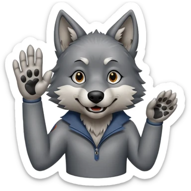  A real wolf waving his hand while he's standing but he's hand loks like a wolf's hand sticker