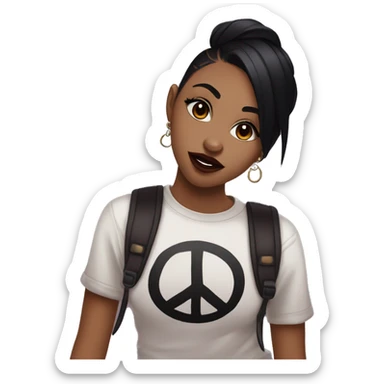 Beautiful girl with medium straight dark black hair with maroon ends and a septum piercing, hazel colors eyes, wearing an emo shirt, making a peace sign and winking sticker