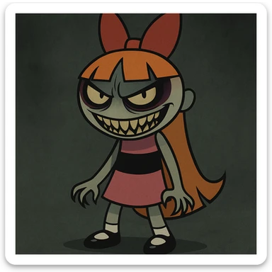 Full body cartoon style of Blossom from Powerpuff Girls with a scary and menacing face, keeping her signature pink dress and bow, using dark and eerie colors for the rest of the image. sticker