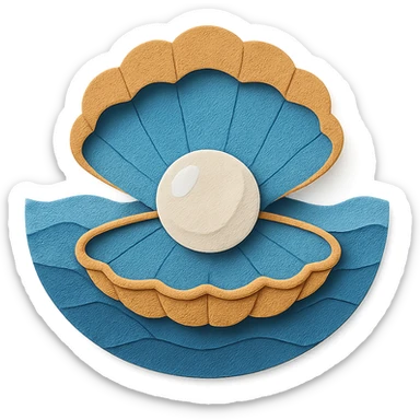 clam with a large pearl, ocean background, layered paper effect, paper-craft style sticker