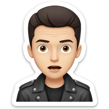 a short and slender young man, with gray eyes and an energetic mouth, a mocking and stubborn look, in a leather jacket, from the 1930s, a film director sticker