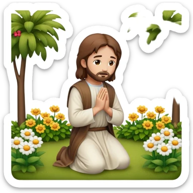Jesus kneeling to pray in a garden, emoji style sticker