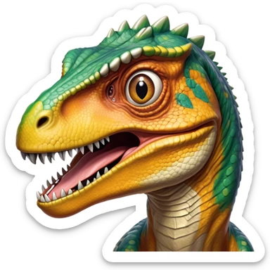Cinematic Realistic Comical velociraptor/T-rex Portrait Emoji, Head tilted dramatically with an exaggeratedly amused expression, featuring a striking, glossy scaled body with bold natural textures and wide, expressive eyes brimming with playful disbelief, rendered with lifelike detail and dynamic natural lighting, high shine, dramatic yet playful, styled with an air of cheeky prehistoric mischief, soft glowing outline, capturing the essence of a spirited and over‐the‐top velociraptor/T-rex that looks ready to bellow its way into viral fame! sticker