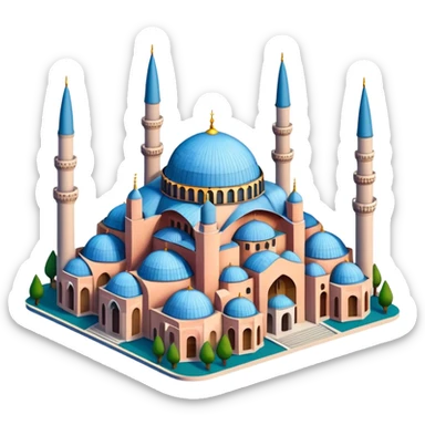 Isometric illustration of Istanbul, featuring Hagia Sophia with its large central dome and four tall minarets, paint photorealistic style sticker