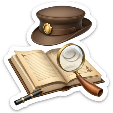 Icon for Detective Reading: an open book with a magnifying glass on the pages, a classic detective hat, and a pipe, surrounded by clues like footprints, a revolver, and a notepad. The icon should represent the mystery and intrigue of detective stories. Transparent background. sticker