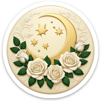 A round cream button with a full damask style moon and white roses in the center sticker