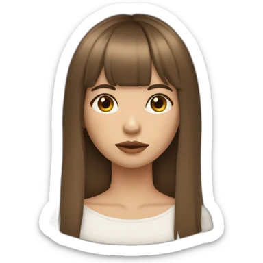 long brown hair skinny girl with curtain bangs, thin face and makeup from head to chest sticker