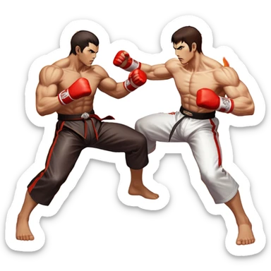 An icon showing two fighters in an intense battle, inspired by Tekken. The design features dynamic poses with powerful punches and kicks, surrounded by a vibrant, action-packed background. The characters are detailed, with glowing effects highlighting their strength. Transparent background. sticker