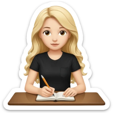 A beautiful blonde with long wavy hair in a black T-shirt sits and writes in a diary with a brown pen. sticker