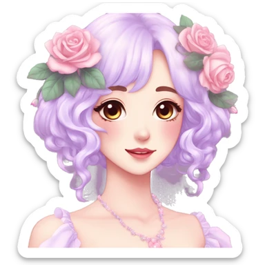 Gorgeous pastel anime style lady with blushing face and roses cottagecore fairycore pastelcore shiny colorful pearly aesthetic trending style sticker