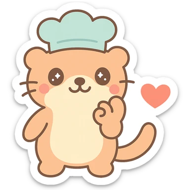 Move the otter's hand so it is almost touching its mouth in the chef's kiss gesture, keep the red heart, kawaii style with transparent background. sticker