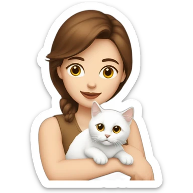woman with brown hair holding a white Siberian cat sticker