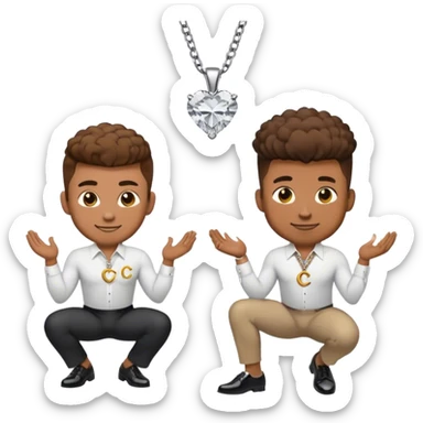 Generate me a muscular man emoji down on one knee with a right angle proposing with a diamond ring with brown heart eyes and a smile. I want the emoji to have brown fluffy hair with a low taper fade I want him to have a small silver chain with a small letter c pendant and a white button down shirt with black slacks and black loafers make him look like a normal emoji with a circle head that’s the color yellow and cartoon like Also on a plain white background sticker