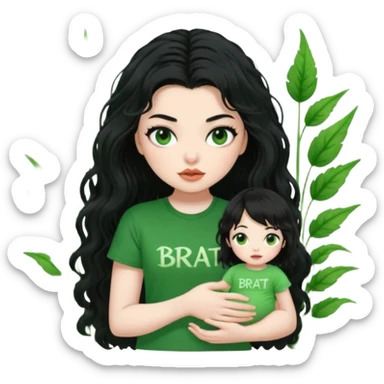 current charli xcx with here long black wavy hair, thich black sungrasses, pale skin, and a green baby tee that said brat in the brat font. sticker