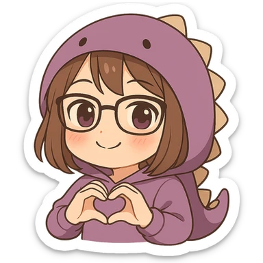 Chibi anime style gamer girl with glasses, brown hair, dark purple eyes, wearing a purple dinosaur costume, making a heart with her hands, blushing expression, no controller, no background, same style as reference. sticker