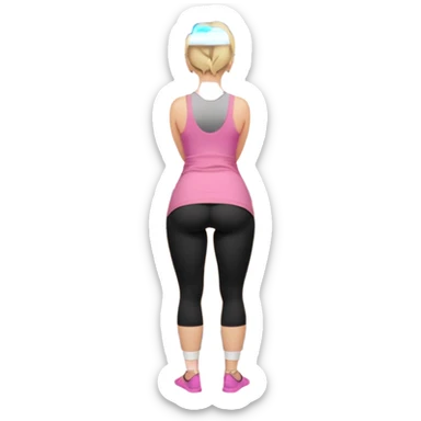 Render from knees up, view from the back, fair skinned woman, curvy, short blond hair, small reading glasses, cooking dinner in kitchen, pink loose tank top, showing natural B cup breast shape SFW, black yoga pants, large curvy booty sticker
