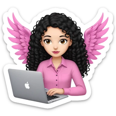 a girl typing mac book air with long black curly hair and brown eyes with winged black eyeliner, pink shirt sticker