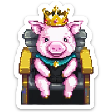 cartoon-like playful pixel art pig with a golden crown sitting on a throne, blocky and square like Minecraft, very few pixels, simple and charming sticker