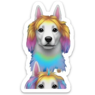 Multicolored rainbow retro groovy tie dye hippie trippy floral patterns on a metallic holographic iridescent blue dog face head unicorn sticker