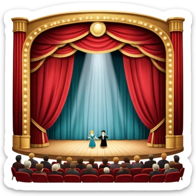 An icon depicting a grand theater stage with heavy curtains, spotlight shining on the performers, and an audience eagerly watching. The scene conveys the drama and excitement of live performances, with dramatic lighting and atmosphere. transparent background. sticker