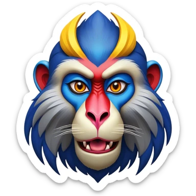Cinematic Noble Mandrill Portrait Emoji, Poised and regal, with a striking, powerful build and a vivid, multicolored face accented by bold blue, red, and yellow hues, deep-set soulful eyes, Simplified yet sharp and sophisticated features, highly detailed, glowing with a vibrant, dignified glow, high shine, intelligent and commanding, stylized with an air of exotic majesty, focused and attentive, soft glowing outline, capturing the essence of a watchful and confident primate, so majestic it feels as though it could step out of the screen with effortless authority! sticker