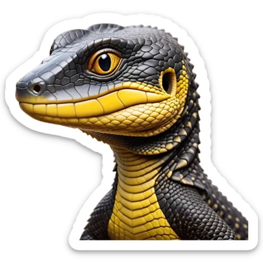 cinematic-realistic-cute-monitor-lizard-portrait-emoji,-head-tilted-playfully-and-inquisitively,-featuring-a-compact,-agile-body-with-finely-detailed,-glossy-scales-in-earthy-black and yellow-hues-and-a-distinct,-alert-face-with-bright,-curious-eyes, black , yellow spotted and green band  scales and a big long neck sticker