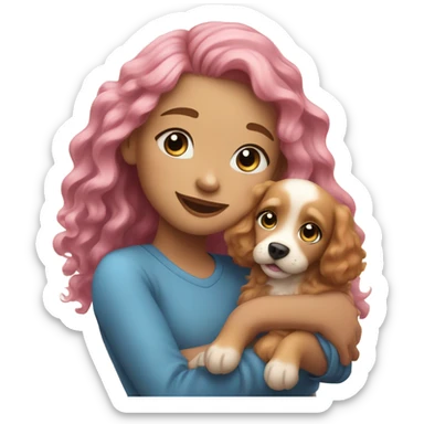 Please create a girl who hugs her pet doggie. The girl has a cute face and so does the doggie. The girl has light skin, blue eyes and pink wavy long hair. sticker