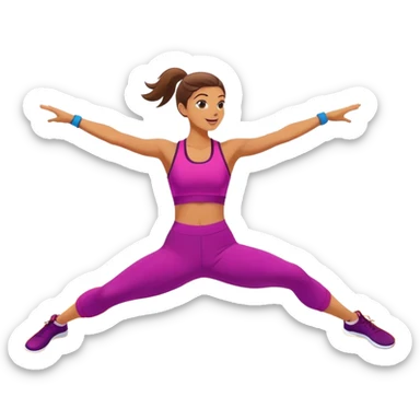 A person in activewear performing an energetic aerobics move, mid-jump, in a bright gym. The background is simple and clean, focusing on the movement and coordination. The style is vibrant, energetic, and motivating. sticker