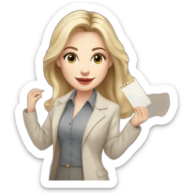 pale skin woman interior designer with cold blonde middle length hair, gray eyes, beige blouse, White oversize jacket, Gray skirt holding a color palette in the hands sticker