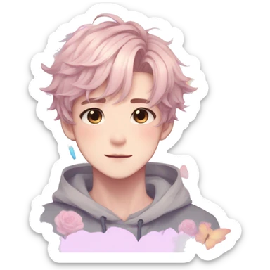 Gorgeous pastel anime style boy with blushing face and butterflies aesthetic trending style sticker