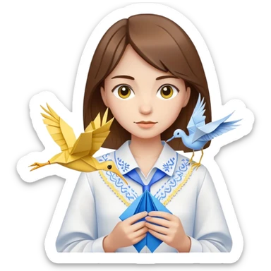Ukrainian young girl with brown hair wearing a white embroidered shirt holds an origami yellow-blue crane sticker