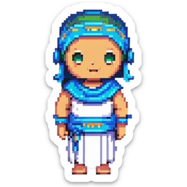 Greek chatbot wearing a toga with a digital screen face in pixel art style sticker