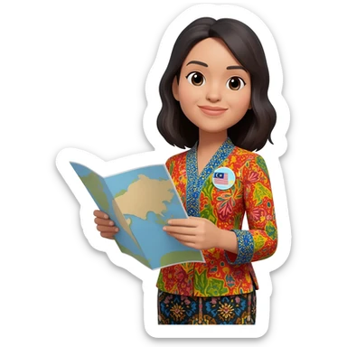 Female Malaysian Tourist Guide with Badge, Batik Clothes & hold a Map sticker