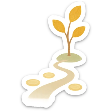 gentle, artistic, minimalist avatar with warm soft colors beige, light brown, green, pale yellow, abstract journey of growing wealth with small tree with golden leaves, path with subtle coin motifs, no text, square format sticker