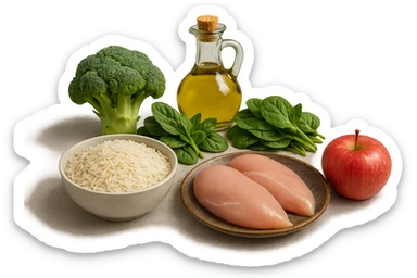 Riso basmati
Petto di pollo
Verdura fibrosa verde
Olio EVO
Mela
poggiati sul tavolo sticker